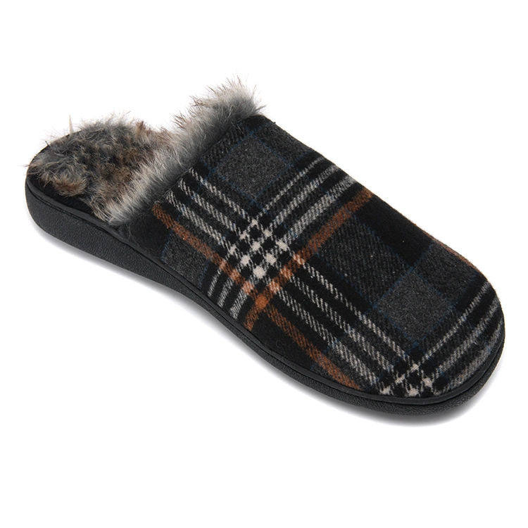 Classic Comfortable Check Tweed Slip on House Indoor Outdoor with Fluffy Lining Winter Warm Slippers for Men