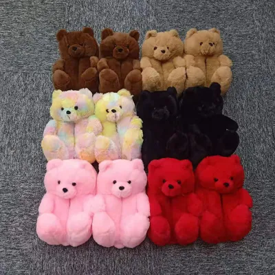 Mehrfarbige pelzige Damen-Hausschuhe in Teddy-Passform für Kinderbären